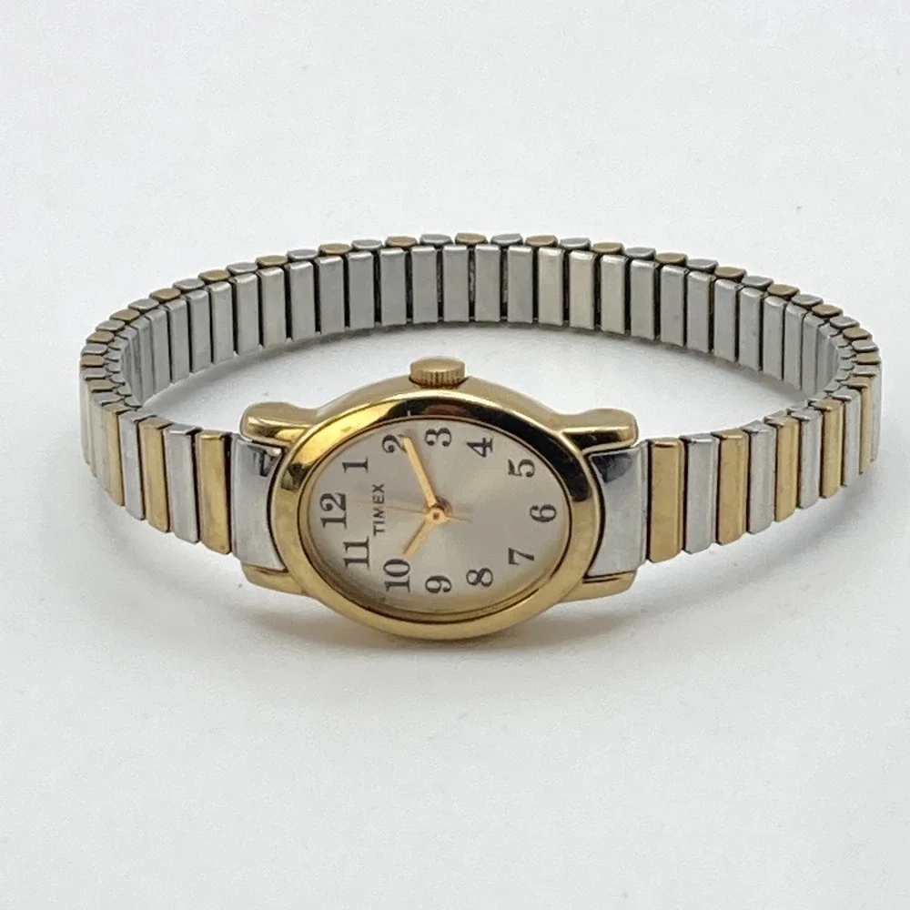 Timex Cavatina Womens Watch 18mm Gold Silver Tone Stretch Band New Battery SMALL
